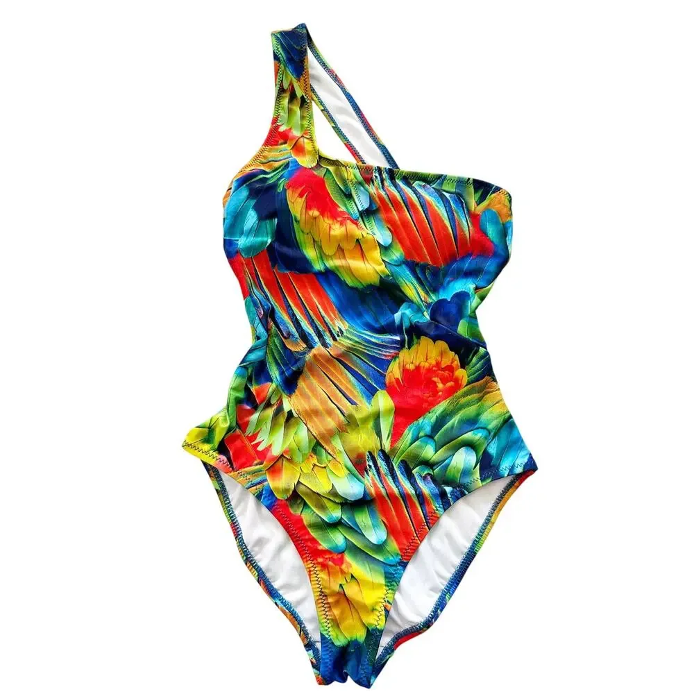 ABS by Allen Schwartz Tropical Parrot Print One Shoulder‎ One Piece Swimsuit 4